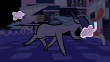 a cartoon drawing of a pony looking out a window with a purple background
