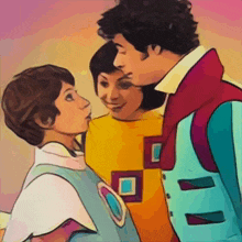 a cartoon drawing of a man in a blue vest kissing a woman on the cheek