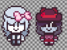 a pixel art of a girl with a pink bow and a boy with a purple hat