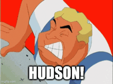 a cartoon of a man with the word hudson on his face