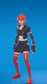 a girl with red hair and red thigh high socks is dancing in front of a blue background