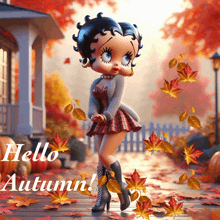 a picture of betty boop with the words hello autumn below her