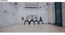 a group of young women are dancing in a dance studio with the words wine entertainment on the walls