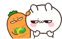 a carrot is holding a stack of money next to a cartoon character with cc written on its face .