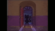 a cartoon cat is standing in a doorway in a room .