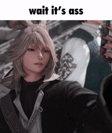 a screenshot of a video game character with the words wait it 's ass above her
