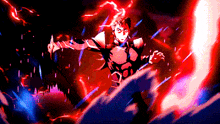 a pixel art of a man holding a sword with red lightning behind him