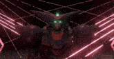 a robot with a green eye is surrounded by pink lights