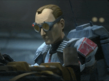a cartoon character wearing goggles is sitting in a dark room