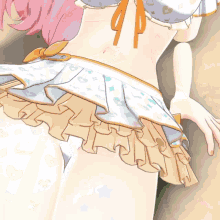 a girl with pink hair is wearing a white bikini top and a skirt
