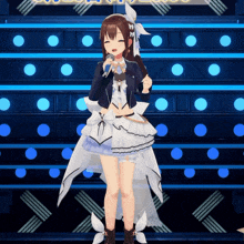 a girl in a blue and white dress is singing into a microphone on stage