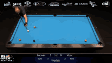 a pool table with the us open bank pool championship on the screen