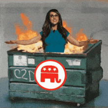 a woman is standing in a dumpster with the word c2d written on it
