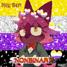 a pixel art drawing of a cat with the word nonbinary in red