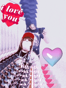 a couple taking a picture with a red heart that says i love you