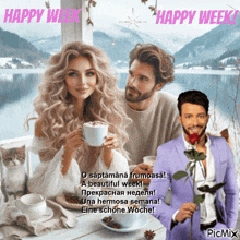 a man in a purple suit is holding a rose in front of a woman holding a cup of coffee