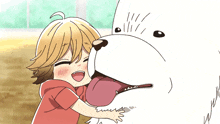 a little girl is hugging a white dog with its tongue out