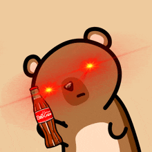 a cartoon bear is holding a bottle of coca cola