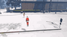 a screenshot of a video game shows a man dressed as santa claus walking down the street
