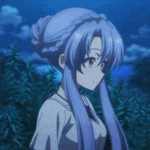 a girl with long blue hair stands in front of a forest