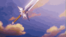 a sword is flying through the air with a cloudy sky in the background