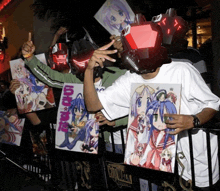 a man wearing a robot head holds up a poster that says lucky star