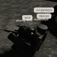 a black and white image of a person with a gun and headphones says ykyong 70000 sksaktmxjdl