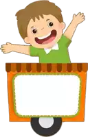 a boy in a green shirt stands behind a sign