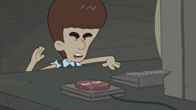 a cartoon character is looking at a computer screen in a dark room