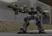 a robot with a rocket launcher has the letter s on the back of it