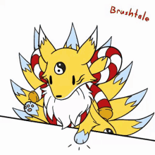 a cartoon drawing of a fox with nine tails and a candy cane on its head .