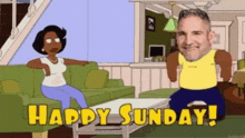 a cartoon says happy sunday with a man and a woman