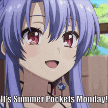 a girl with purple hair and red eyes says it 's summer pockets monday ..
