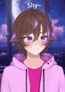 a girl with purple hair is wearing a pink hoodie and says shy ~