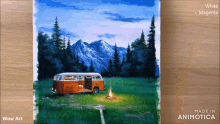 a painting of a van in a field with mountains in the background made by wow art