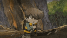 a cartoon character with a large eye is kneeling down in front of a tree