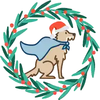 a dog wearing a santa hat is surrounded by a wreath