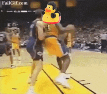 a rubber duck is on the head of a basketball player with the number 1 on his jersey