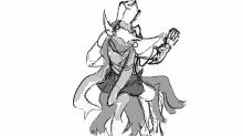 a black and white drawing of a man with a sword and shield