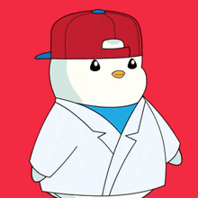 a penguin wearing a red hat and a white coat