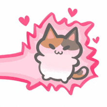 a drawing of a calico cat surrounded by pink hearts