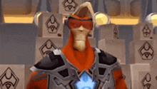 a cartoon character is standing in front of a pile of boxes wearing a superhero costume and goggles .