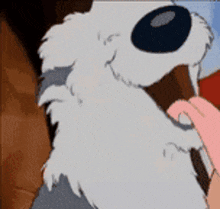 a close up of a cartoon dog with a big black nose