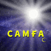 the word camfa is on a blue background with stars
