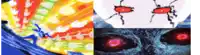 a painting of a rainbow and a drawing of a monster with red eyes