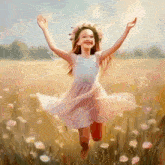 a little girl in a white dress is jumping in a field of flowers