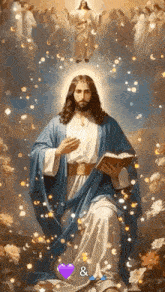 a painting of jesus holding a bible with angels around him .
