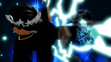 a person with a crown of thorns on their head stands in front of a lightning bolt