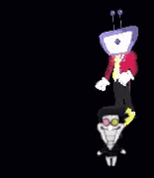 a couple of cartoon characters are standing next to each other on a stage .