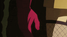 a person wearing a red glove is standing next to a woman wearing fishnet stockings
